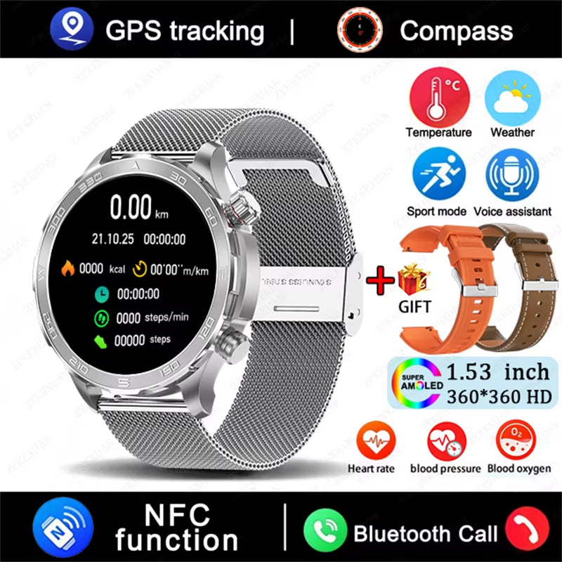 GPS Track Smart Watch AMOLED Screen Always Show Time Sports Fitness Heart Rate IP68 Waterproof Compass Call 2026 New Smartwatch