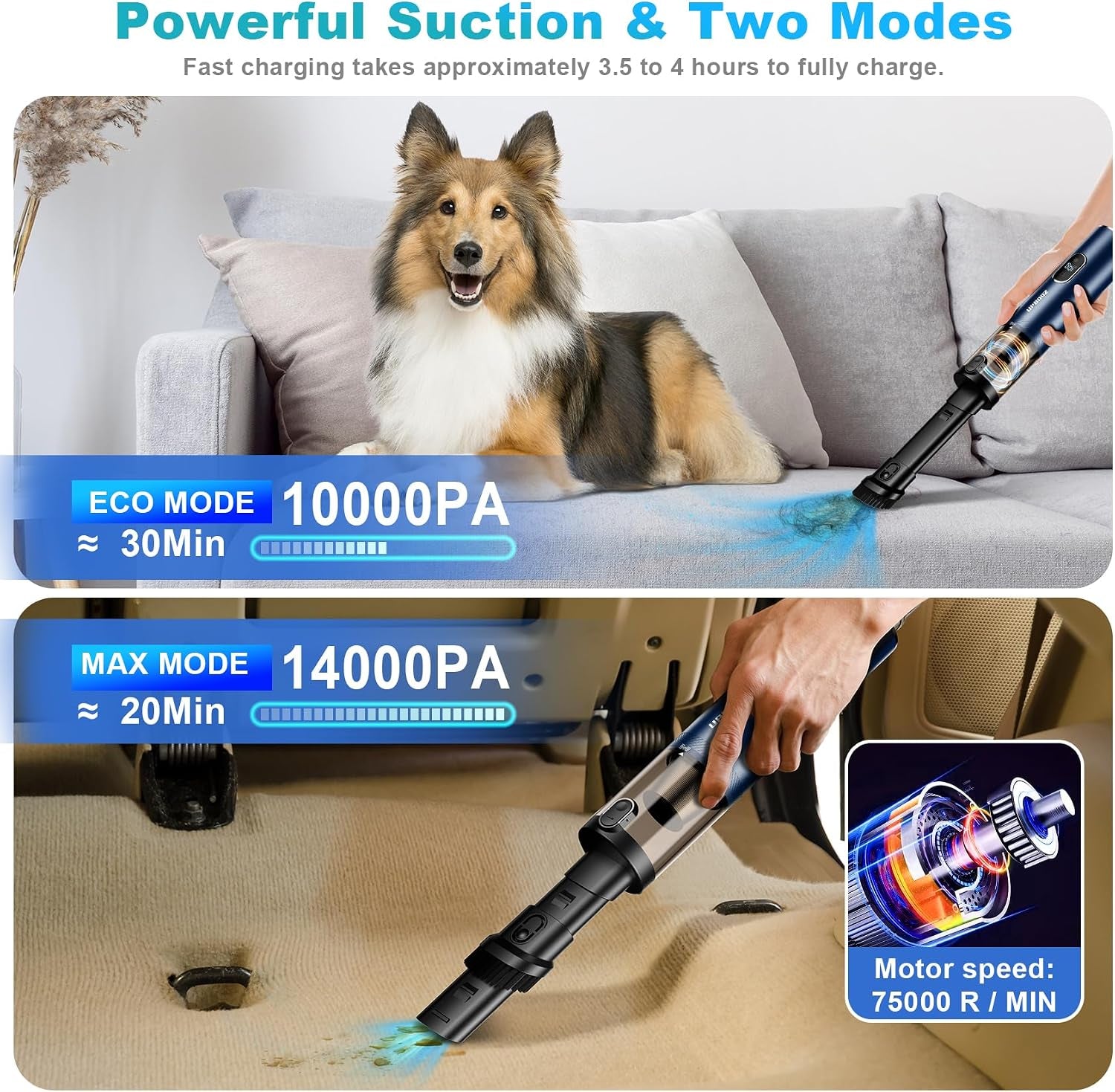 Cordless Handheld Vacuum Cleaner with 14000PA Suction Power, LED Light, and 2-in-1 Air Duster - Low Noise Rechargeable Mini Vacuum for Home, Car, Pet, and Office, Blue
