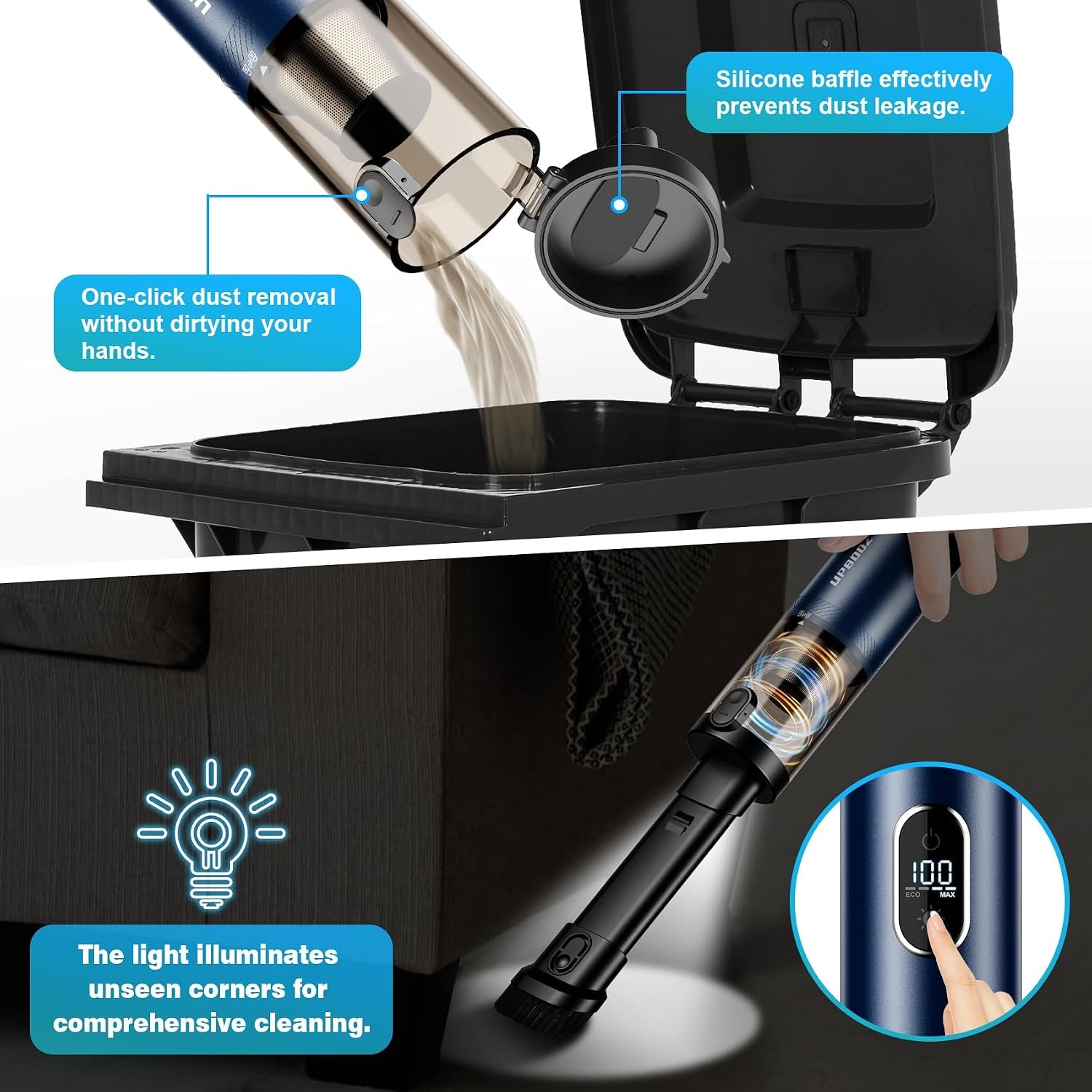 Cordless Handheld Vacuum Cleaner with 14000PA Suction Power, LED Light, and 2-in-1 Air Duster - Low Noise Rechargeable Mini Vacuum for Home, Car, Pet, and Office, Blue