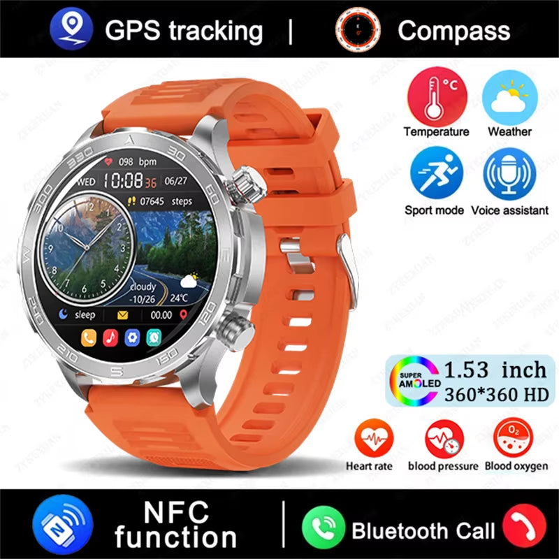 GPS Track Smart Watch AMOLED Screen Always Show Time Sports Fitness Heart Rate IP68 Waterproof Compass Call 2026 New Smartwatch