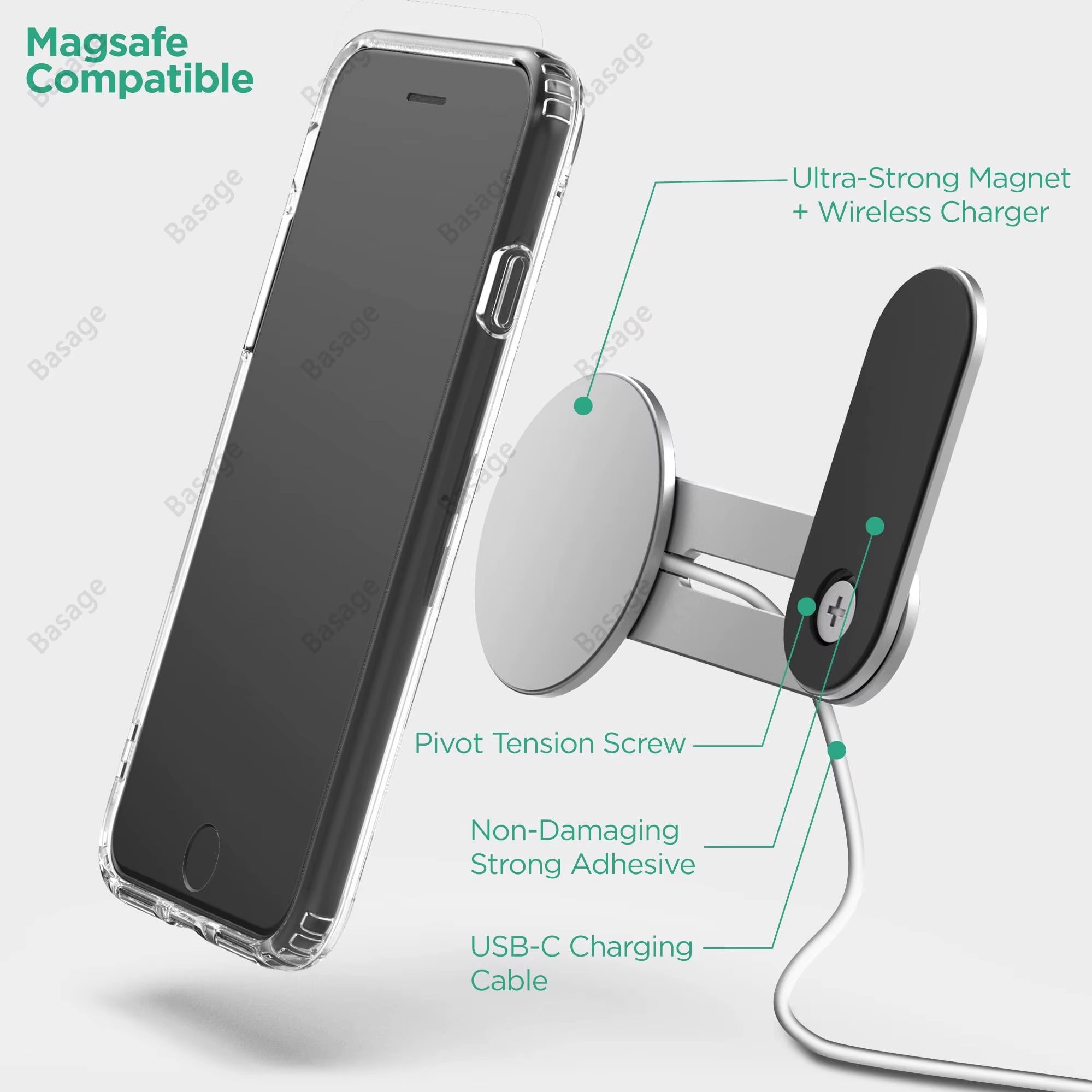Laptop and Phone Holder with 15W Wireless Charging Monitor Stand, Magnetic Mount, and Foldable Side Bracket