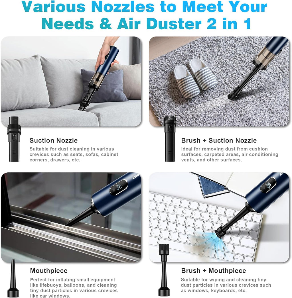 Cordless Handheld Vacuum Cleaner with 14000PA Suction Power, LED Light, and 2-in-1 Air Duster - Low Noise Rechargeable Mini Vacuum for Home, Car, Pet, and Office, Blue