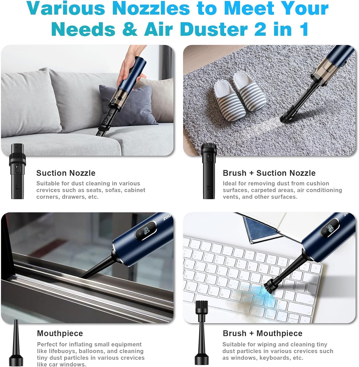 Cordless Handheld Vacuum Cleaner with 14000PA Suction Power, LED Light, and 2-in-1 Air Duster - Low Noise Rechargeable Mini Vacuum for Home, Car, Pet, and Office, Blue
