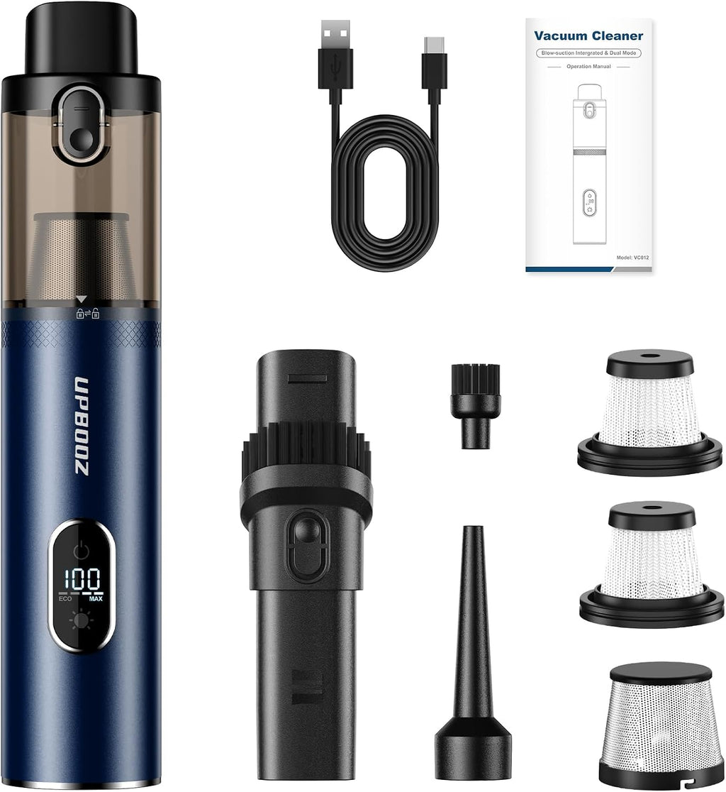 Cordless Handheld Vacuum Cleaner with 14000PA Suction Power, LED Light, and 2-in-1 Air Duster - Low Noise Rechargeable Mini Vacuum for Home, Car, Pet, and Office, Blue