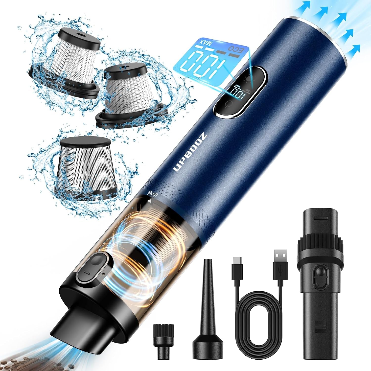 Cordless Handheld Vacuum Cleaner with 14000PA Suction Power, LED Light, and 2-in-1 Air Duster - Low Noise Rechargeable Mini Vacuum for Home, Car, Pet, and Office, Blue