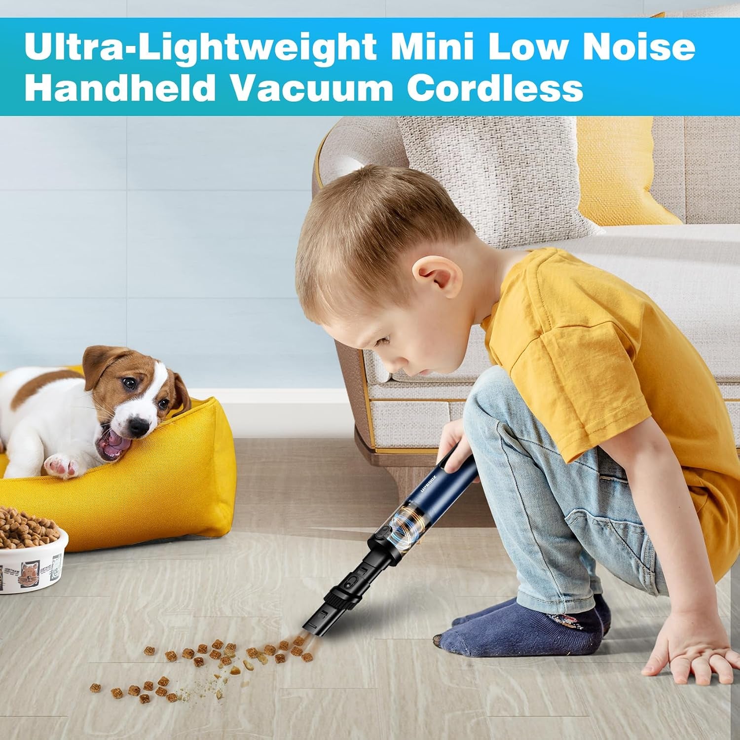 Cordless Handheld Vacuum Cleaner with 14000PA Suction Power, LED Light, and 2-in-1 Air Duster - Low Noise Rechargeable Mini Vacuum for Home, Car, Pet, and Office, Blue